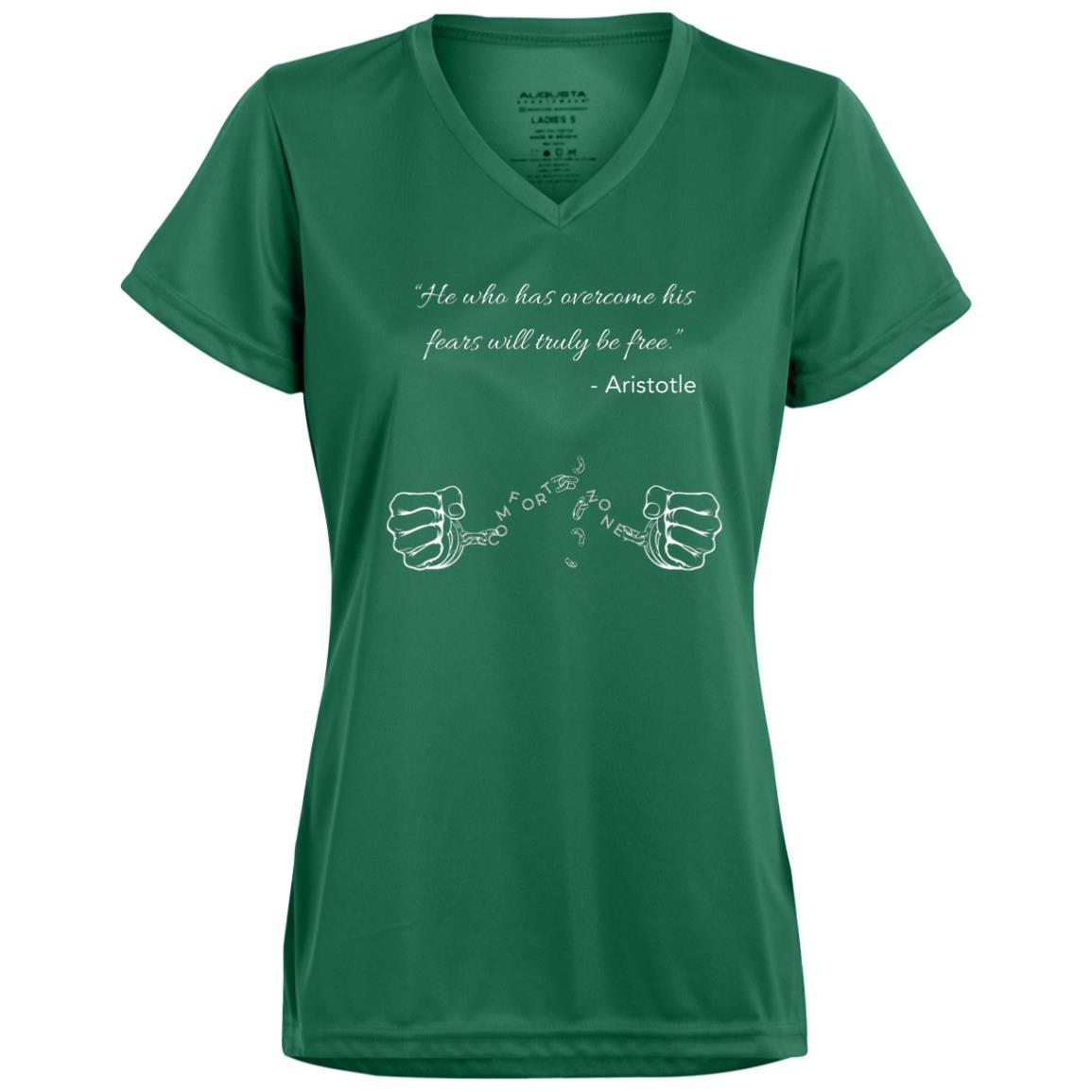 Motivational Ladies’ Moisture-Wicking V-Neck Tee: Breaking your Comfort Zone cuffs