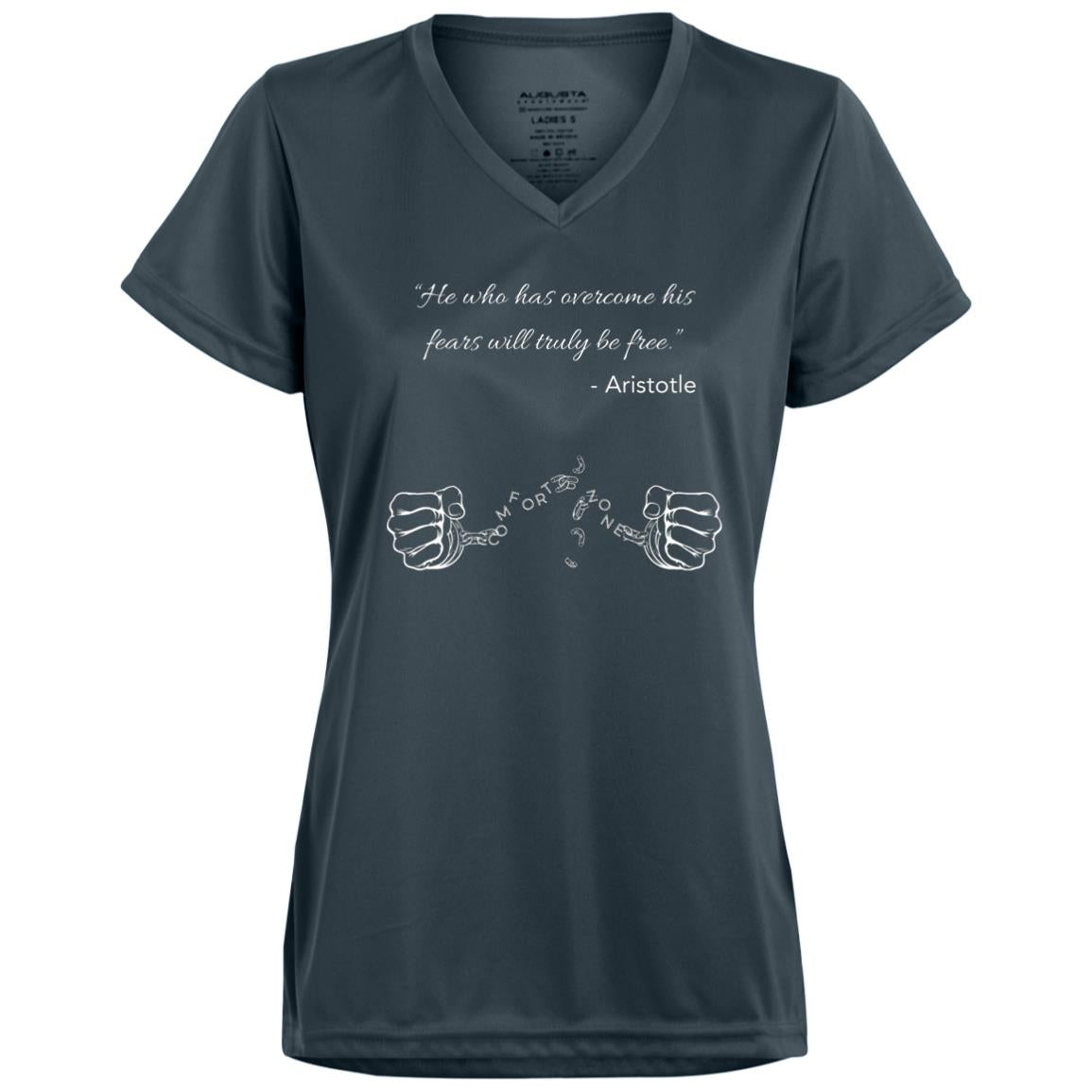Motivational Ladies’ Moisture-Wicking V-Neck Tee: Breaking your Comfort Zone cuffs