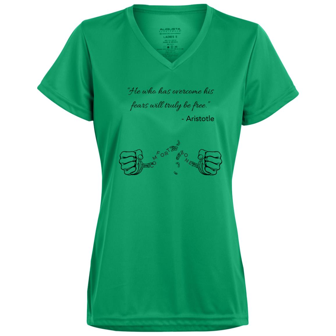 Motivational Ladies’ Moisture-Wicking V-Neck Tee: Break your Comfort Zone cuffs