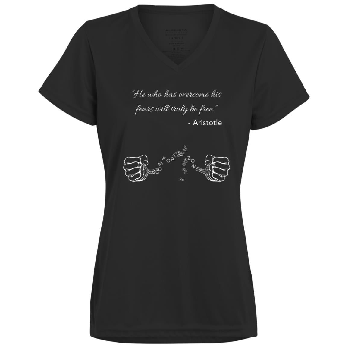 Motivational Ladies’ Moisture-Wicking V-Neck Tee: Breaking your Comfort Zone cuffs