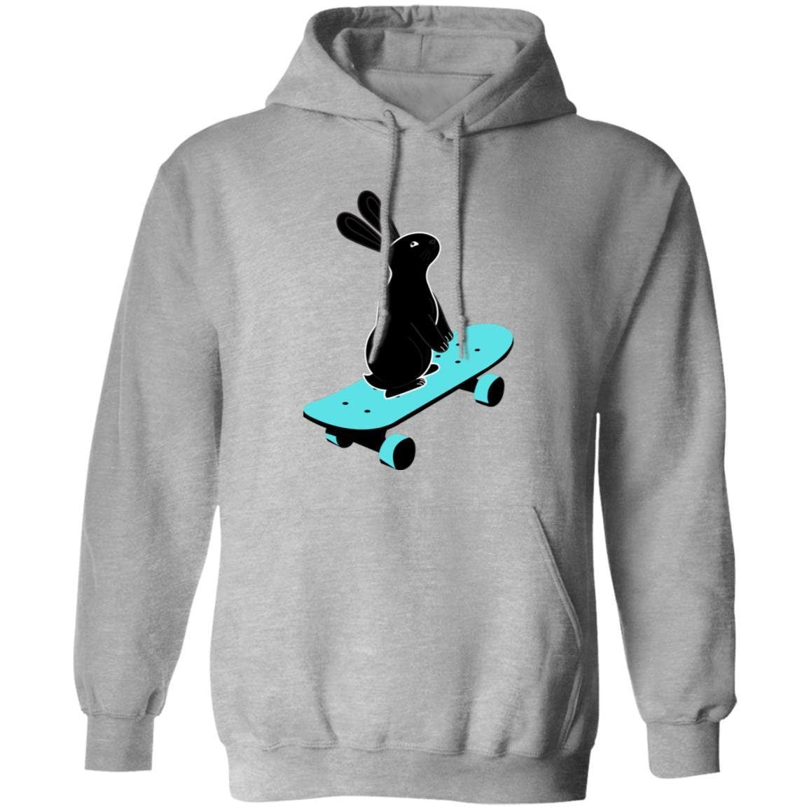 Unisex Pullover Hoodie w/ pouch pocket - Skateboard Bunny graphic print - Fun unique present for extreme sports enthusiasts & rabbit lovers